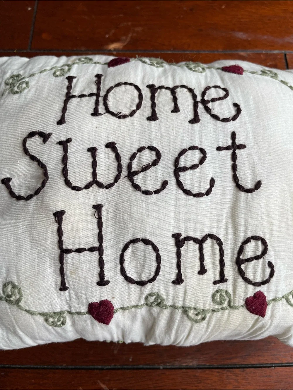 Home Sweet Home Embroidered Throw Pillow - Cream with Burgundy Accents